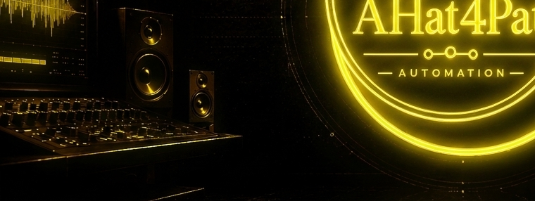 The AHat4Pat studio — a dark recording room with a mixing console, monitors and studio speakers, lit by a single golden neon sign.